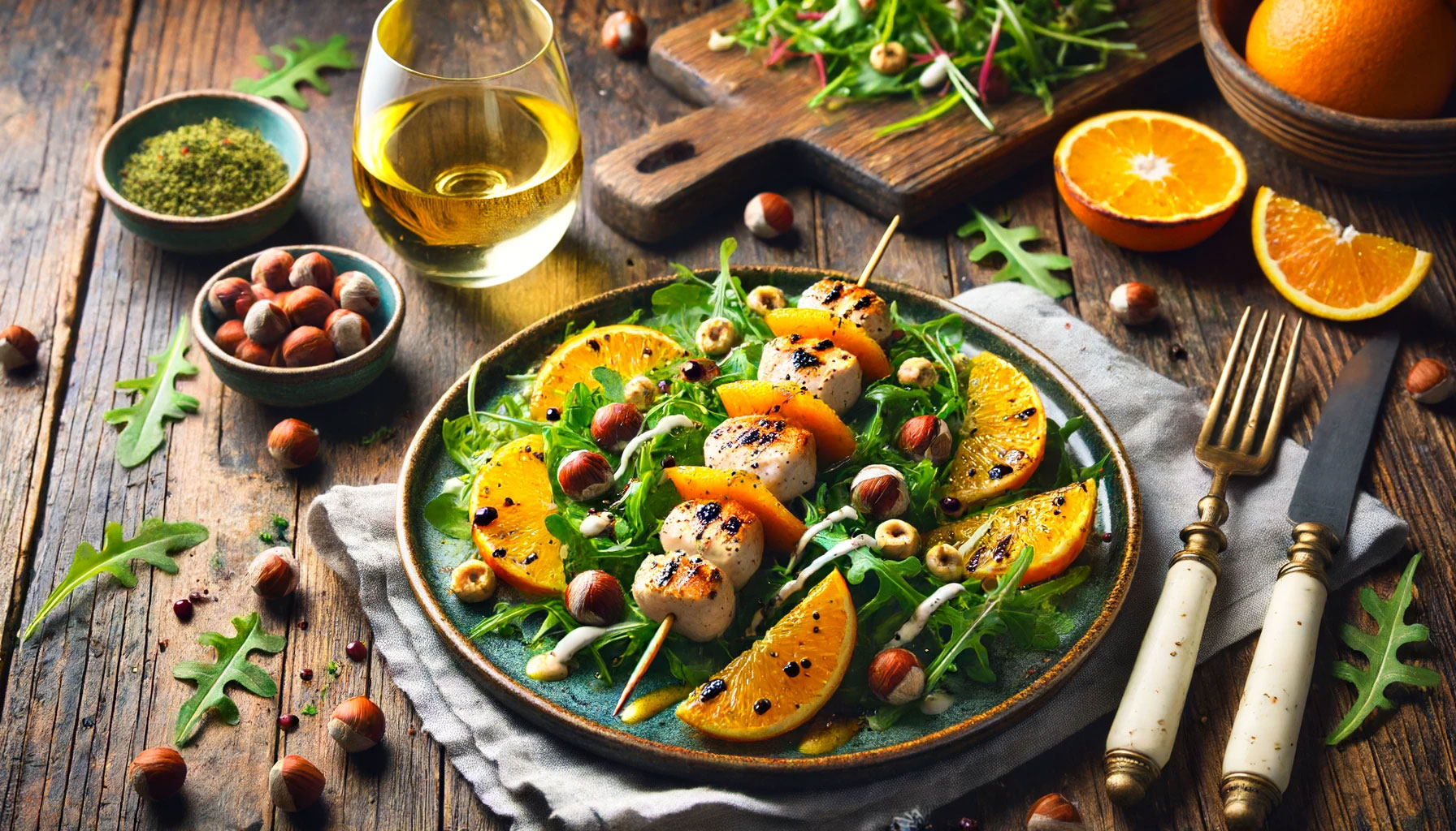 Rucola – Salat mit Orangen Haselnuss-Dressing und Hähnchenspieß